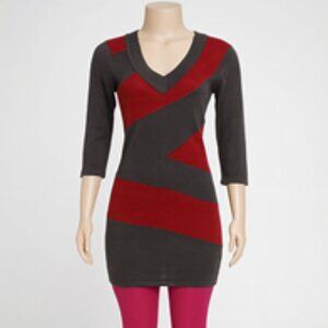 Elegant Red and Dark Grey V-Neck Dress